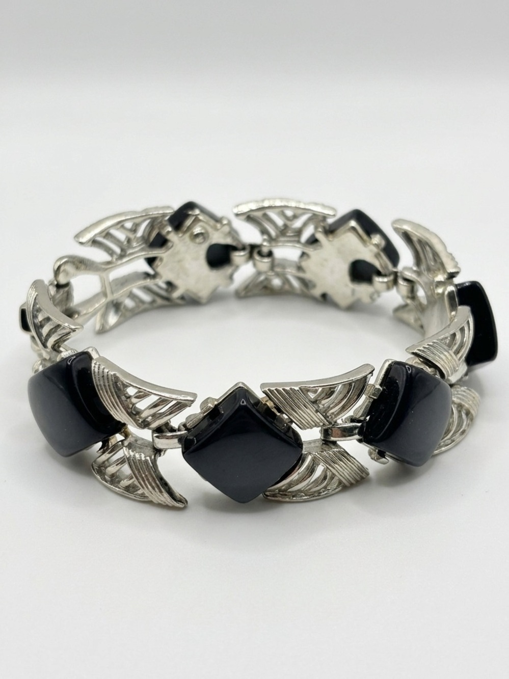 Vintage Coro Silver-Tone Black Cabochon Link Bracelet Mid-Century Jewelry